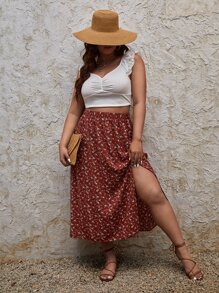 SHEIN Frenchy Plus Ditsy Floral Print Split Thigh Skirt - Multicolor - View 3