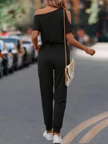 SHEIN LUNE Mono de cuello asimétrico con nudo delantero - Negro - Ver 2