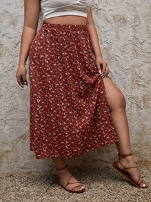 SHEIN Frenchy Plus Ditsy Floral Print Split Thigh Skirt - Multicolor - View 4
