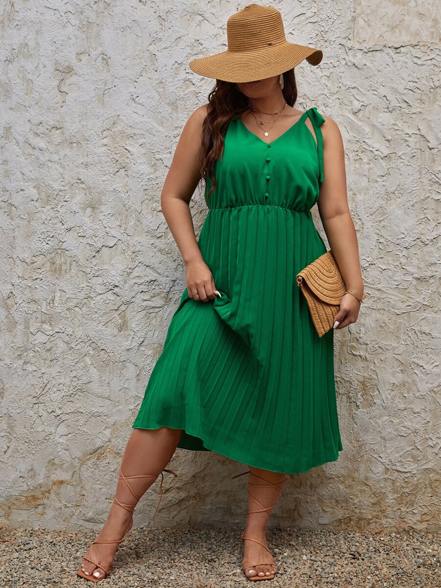 SHEIN Frenchy 大碼假紐扣百褶下擺連衣裙 - 綠色 - 查看 1