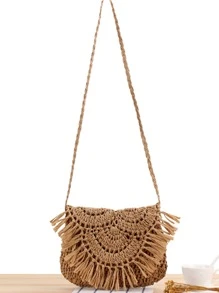 Bolso de la paja de la decoración de la borla, perfecto para las vacaciones del viaje de la playa del verano - Marrón - Ver 1