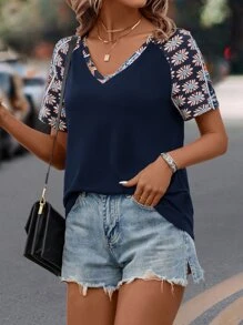 SHEIN LUNE Áo thun nữ Tương phản ràng buộc Bộ lạc Giải trí - Màu xanh hải quân - Xem 4