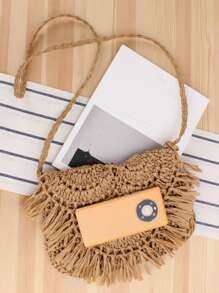 Bolso de la paja de la decoración de la borla, perfecto para las vacaciones del viaje de la playa del verano - Marrón - Ver 5