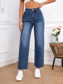 SHEIN Essnce Raw Hem Straight Leg Jeans - Dark Wash - View 1