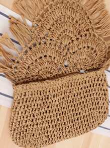 Bolso de la paja de la decoración de la borla, perfecto para las vacaciones del viaje de la playa del verano - Marrón - Ver 6