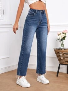 SHEIN Essnce Raw Hem Straight Leg Jeans - Dark Wash - View 3