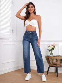 SHEIN Essnce Raw Hem Straight Leg Jeans - Dark Wash - View 4