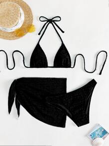 SHEIN Swim 打褶比基尼套裝吊脖三角形胸罩上衣和低至臀部泳衣下裝和半身裙3入組泳衣 - 黑色 - 查看 1