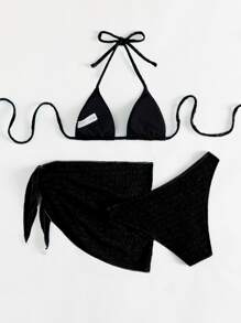 SHEIN Swim 打褶比基尼套裝吊脖三角形胸罩上衣和低至臀部泳衣下裝和半身裙3入組泳衣 - 黑色 - 查看 2