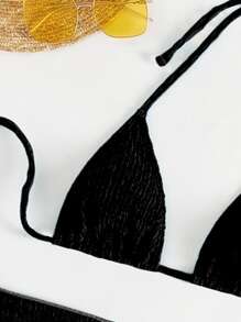 SHEIN Swim 打褶比基尼套裝吊脖三角形胸罩上衣和低至臀部泳衣下裝和半身裙3入組泳衣 - 黑色 - 查看 3