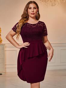 CurvySweet Plus rochie contrastanta cu volane din dantela - Burgundia - Vizualizare 5
