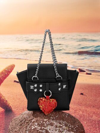 SHEIN ICON Bolsa cuadrada mini con cadena & con lentejuelas & con diseño de tachuela