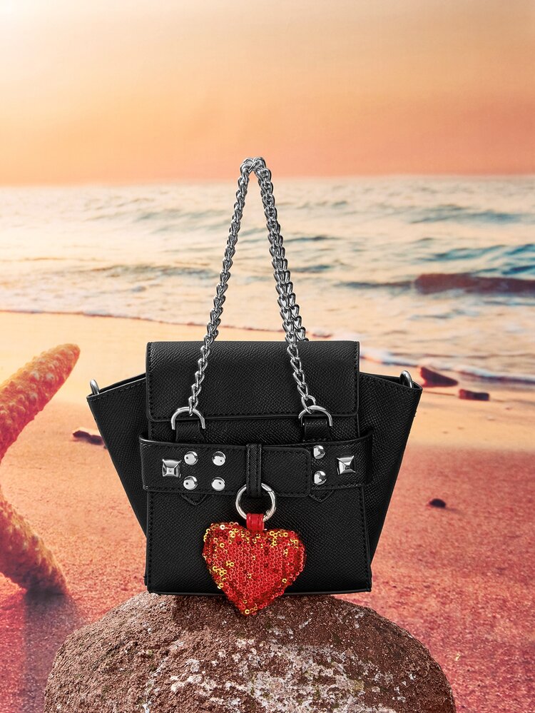 Mini Chain & Sequin & Studded Decor Square Bag