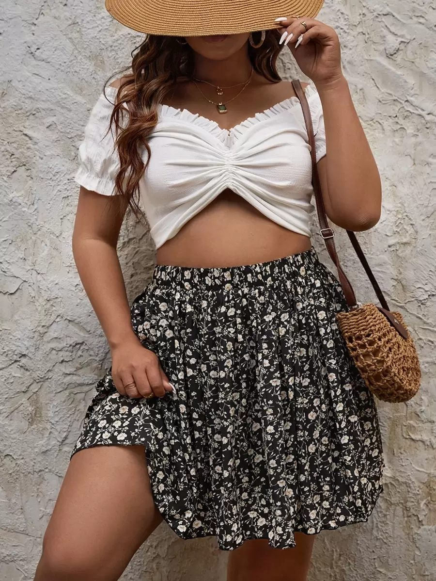 SHEIN VCAY 大碼碎花荷葉邊半身裙 - 彩色 - 查看 1