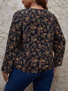 SHEIN Frenchy 大碼小碎花鏤空蕾絲花邊燈籠袖襯衫