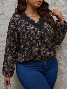 SHEIN Frenchy 大碼小碎花鏤空蕾絲花邊燈籠袖襯衫