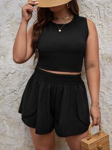 SHEIN Frenchy 大碼蕾絲邊後背繫帶短款背心和短褲 - 黑色 - 查看 2