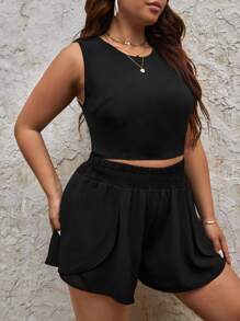 SHEIN Frenchy 大碼蕾絲邊後背繫帶短款背心和短褲 - 黑色 - 查看 4