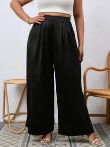 SHEIN Franclia Plus Plicated Detail Wide Leg Trousers - Black - View 1