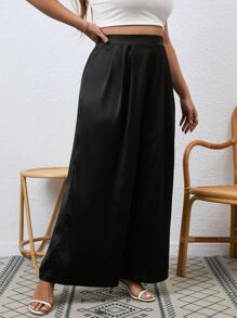 SHEIN Franclia Plus Plicated Detail Wide Leg Trousers - Black - View 4