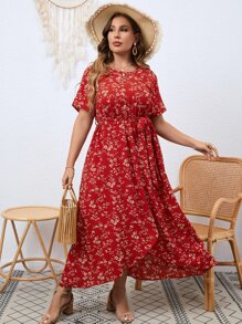 SHEIN LUNE Plus Floral Print Batwing Sleeve Dress - Red - View 1