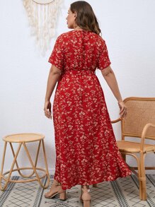 SHEIN LUNE Plus Floral Print Batwing Sleeve Dress - Red - View 2