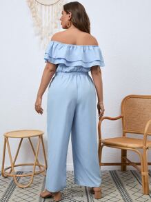 SHEIN LUNE Plus Off Shoulder Ruffle Trim Belted Jumpsuit - Baby Blue - View 2