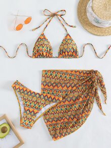 3packs Geo Print Triangle Summer Beach Bikini Set & Beach Skirt - Multicolor - View 6