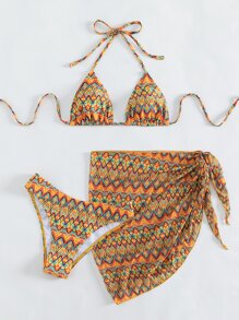 3packs Geo Print Triangle Summer Beach Bikini Set & Beach Skirt - Multicolor - View 5