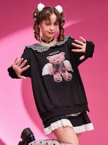 ROMWE Kawaii Cartoon Graphic Statement Collar Drop Shoulder Sweatshirt - Black - View 1