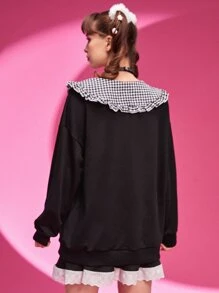 ROMWE Kawaii Cartoon Graphic Statement Collar Drop Shoulder Sweatshirt - Black - View 2
