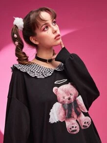 ROMWE Kawaii Cartoon Graphic Statement Collar Drop Shoulder Sweatshirt - Black - View 4