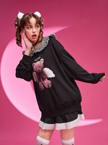 ROMWE Kawaii Cartoon Graphic Statement Collar Drop Shoulder Sweatshirt - Black - View 5