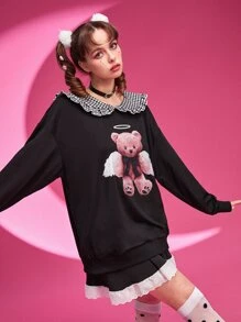 ROMWE Kawaii Cartoon Graphic Statement Collar Drop Shoulder Sweatshirt - Black - View 6