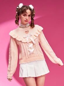 ROMWE Kawaii Jersey corazón recortado con lazo delantero ribete con fruncido tejido de cable - Rosa - Ver 1