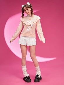 ROMWE Kawaii Jersey corazón recortado con lazo delantero ribete con fruncido tejido de cable - Rosa - Ver 5