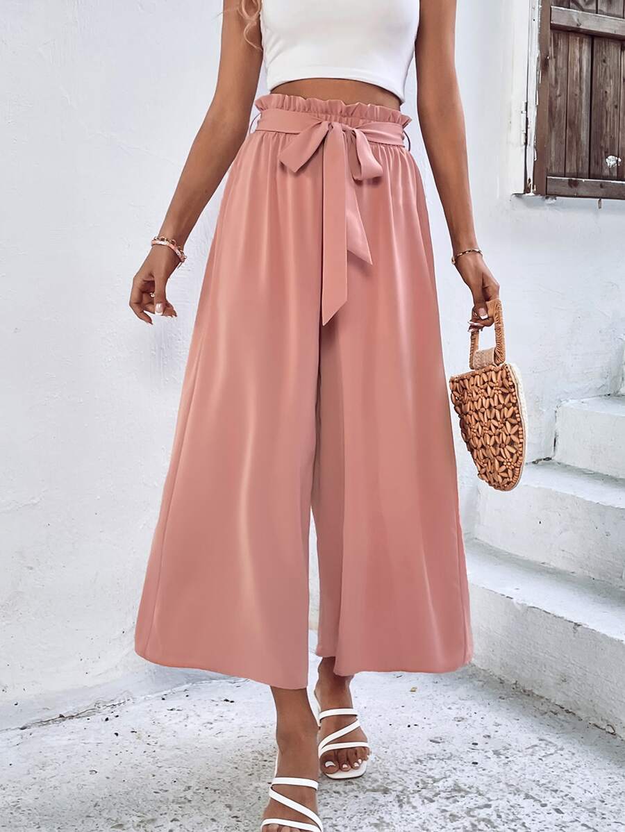 SHEIN VCAY Solid Paperbag Waist Belted Wide Leg Trousers - Pink - View 1