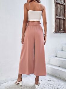 SHEIN VCAY Solid Paperbag Waist Belted Wide Leg Trousers - Pink - View 2