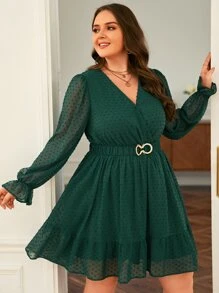 SHEIN Frenchy Đầm Plus Size Thắt lưng Xù Viên lá sen Trọn gói màu trơn Thanh lịch - Màu xanh lá cây đậm - Xem 3