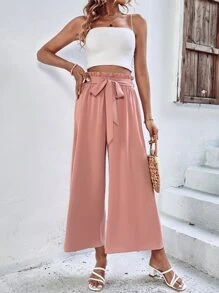 SHEIN VCAY Solid Paperbag Waist Belted Wide Leg Trousers - Pink - View 5