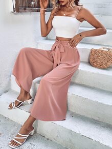 SHEIN VCAY Solid Paperbag Waist Belted Wide Leg Trousers - Pink - View 6