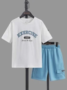 SHEIN Bộ hai mảnh Trai Đắp vá Túi Lá thư Giải trí - Xanh và trắng - Xem 1