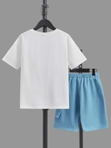 SHEIN Bộ hai mảnh Trai Đắp vá Túi Lá thư Giải trí - Xanh và trắng - Xem 2