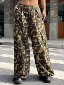 SHEIN Coolane Camo Print Drawstring Hem Cargo Trousers - Multicolor - View 3
