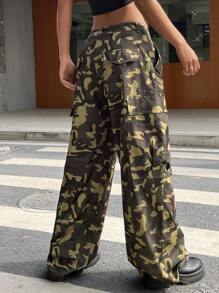 SHEIN Coolane Camo Print Drawstring Hem Cargo Trousers - Multicolor - View 2