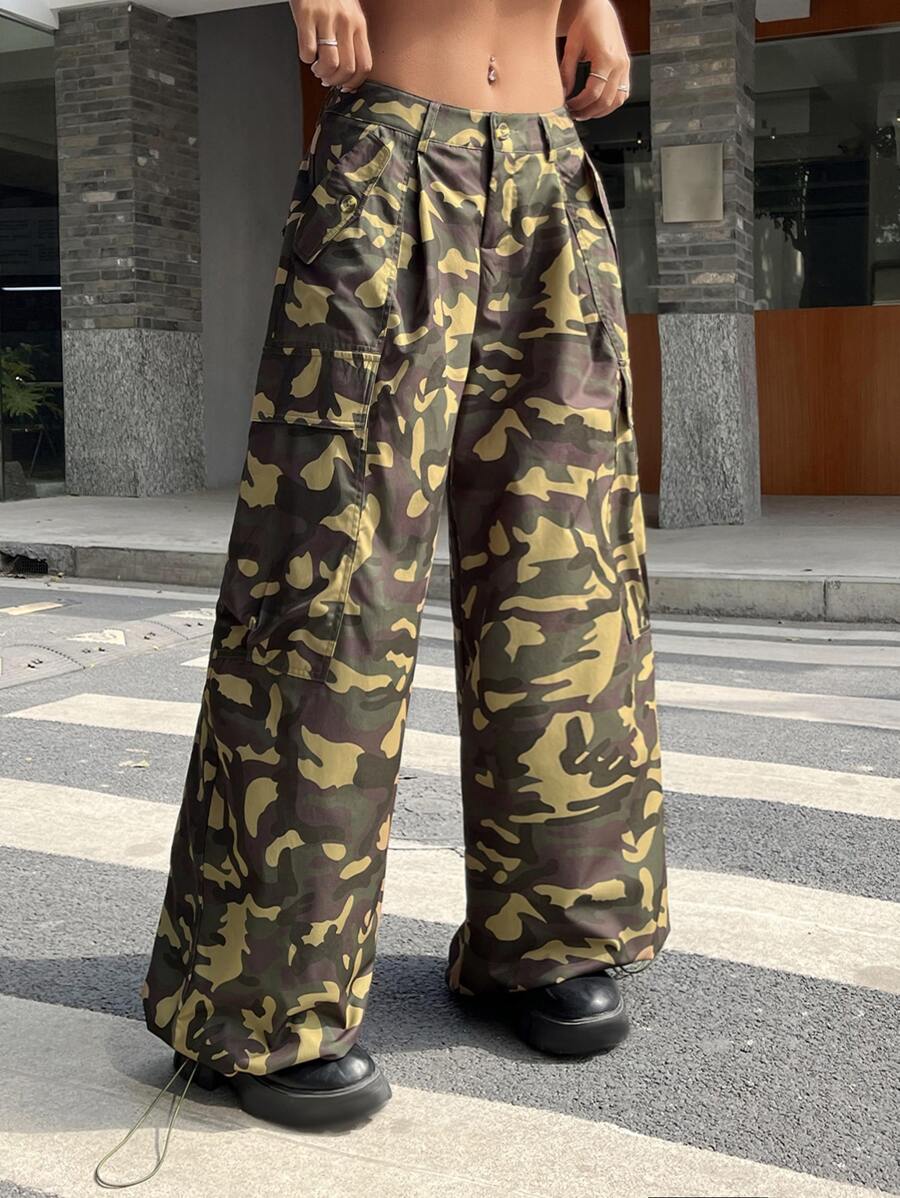 SHEIN Coolane Camo Print Drawstring Hem Cargo Trousers - Multicolor - View 1