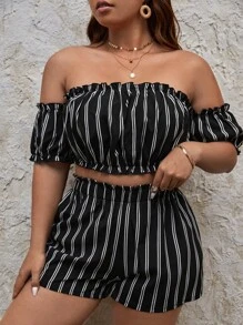 SHEIN VCAY Plus Striped Off Shoulder Frill Trim Crop Top & Shorts - Black and White - View 1