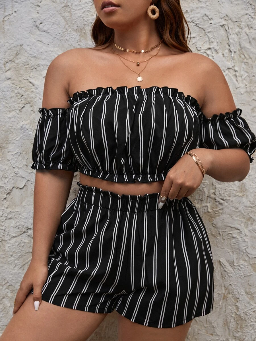 SHEIN VCAY Plus Striped Off Shoulder Frill Trim Crop Top & Shorts - Black and White - View 1