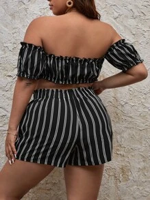 SHEIN VCAY Plus Striped Off Shoulder Frill Trim Crop Top & Shorts - Black and White - View 2