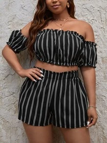 SHEIN VCAY Plus Striped Off Shoulder Frill Trim Crop Top & Shorts - Black and White - View 3